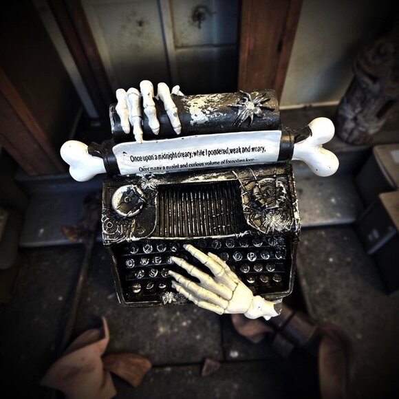 Halloween Typewriter Skeleton Hand Resin Poe Spooky Table Top Decor Figurine - Picture 7 of 9